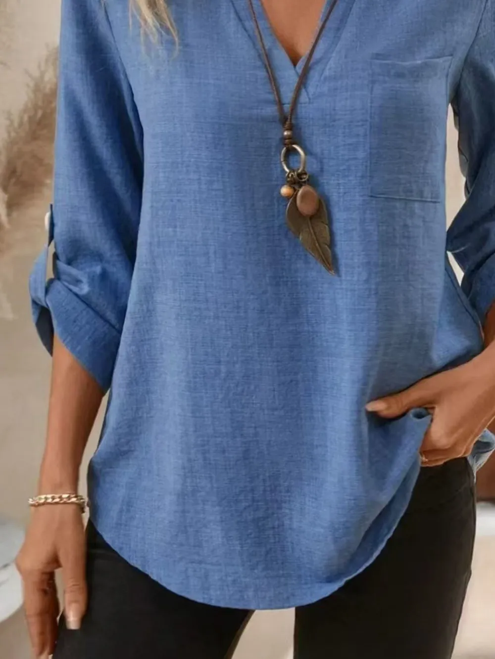 Casual Notched Roll-Up Sleeve Pocket Blouse, image 4