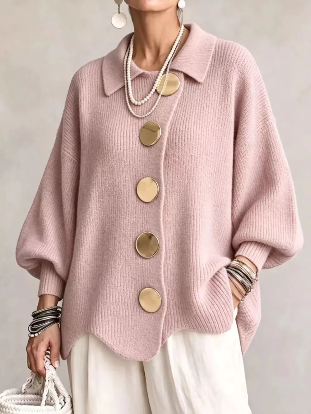 Full Size Gold Buttons Lantern Sleeve Cardigan Plus Size, image 19