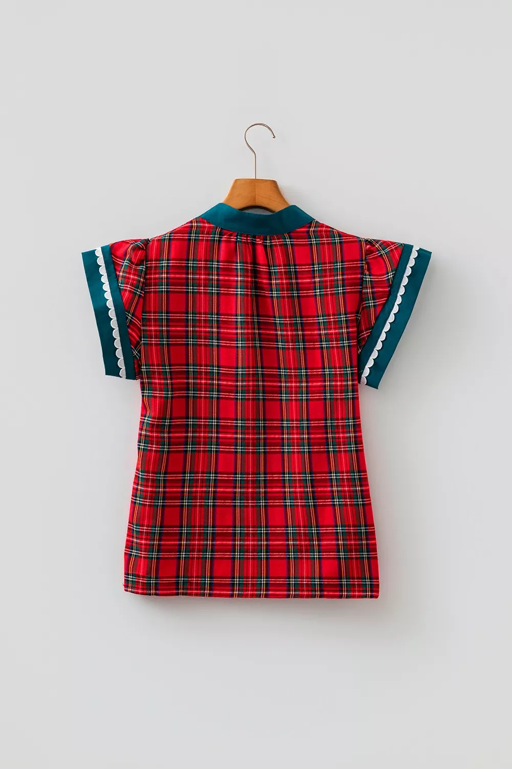 Plaid V Neck Short Sleeve Shift Blouse, image 4