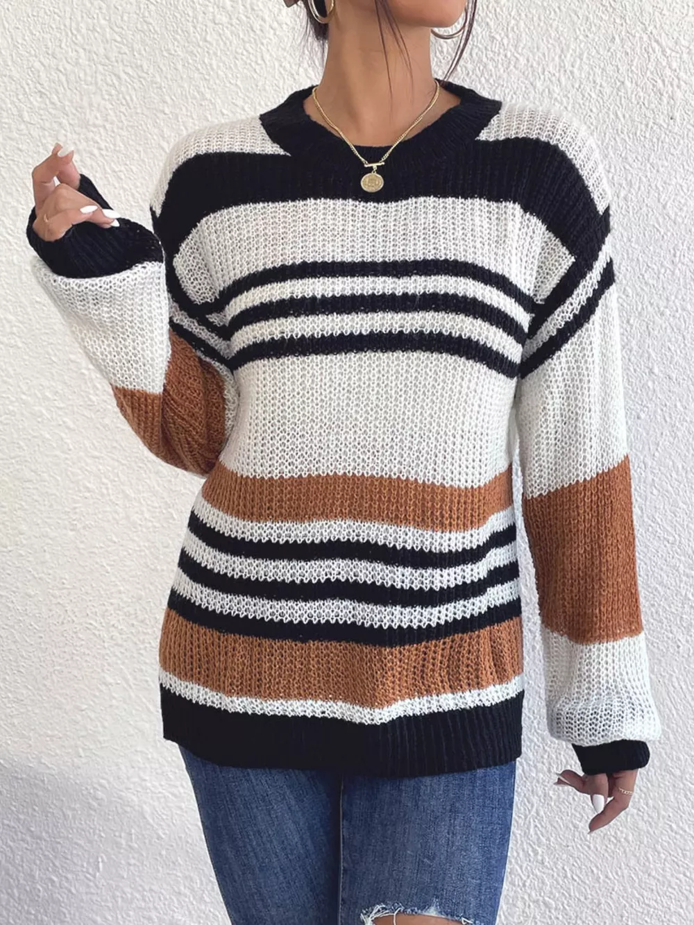 Striped Round Neck Knit Sweaer, image 2