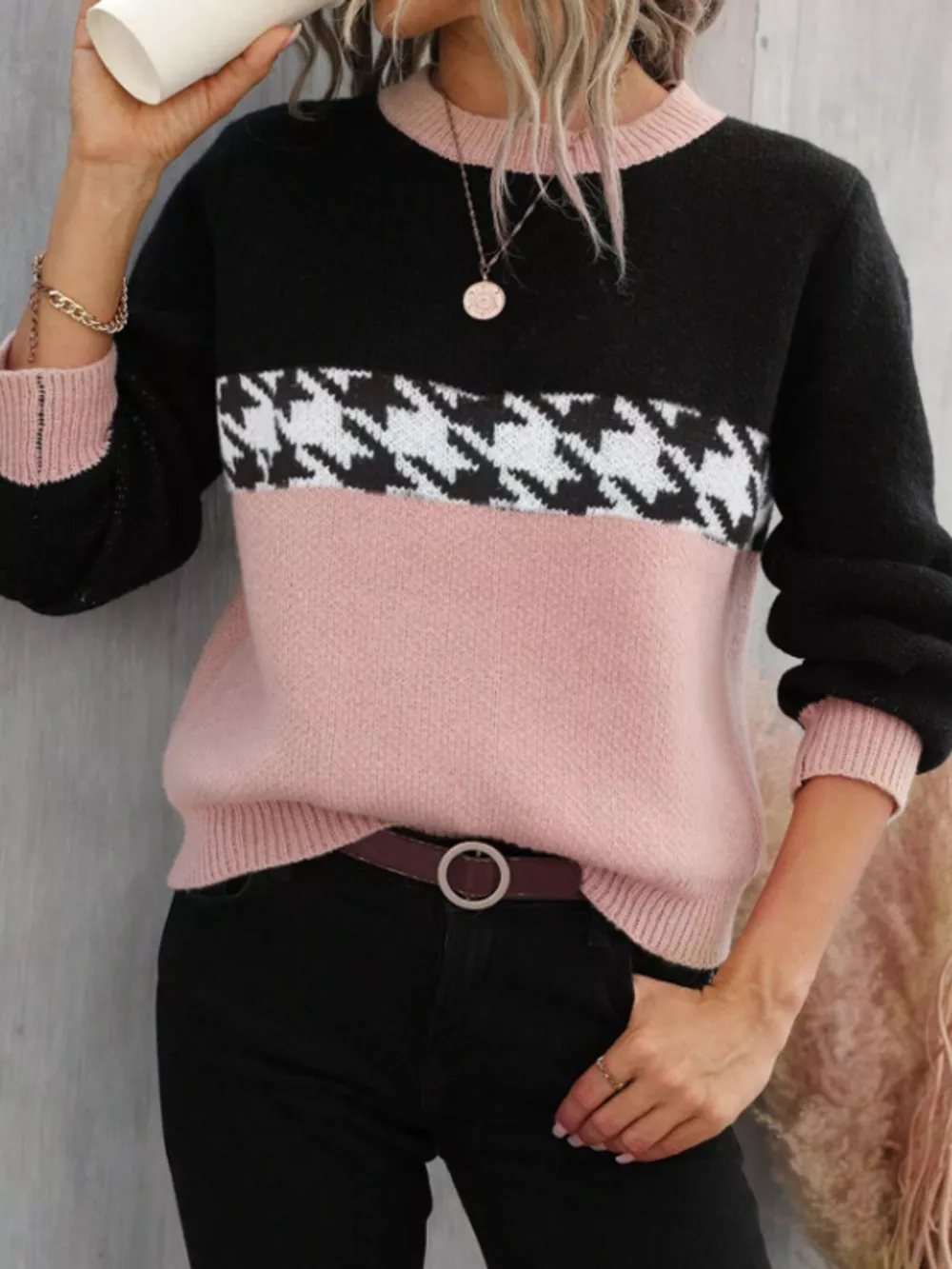 Color Block Houndstooth Sweater, image 2
