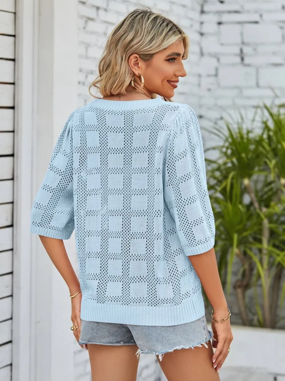 Openwork Round Neck Knit Top, image 2