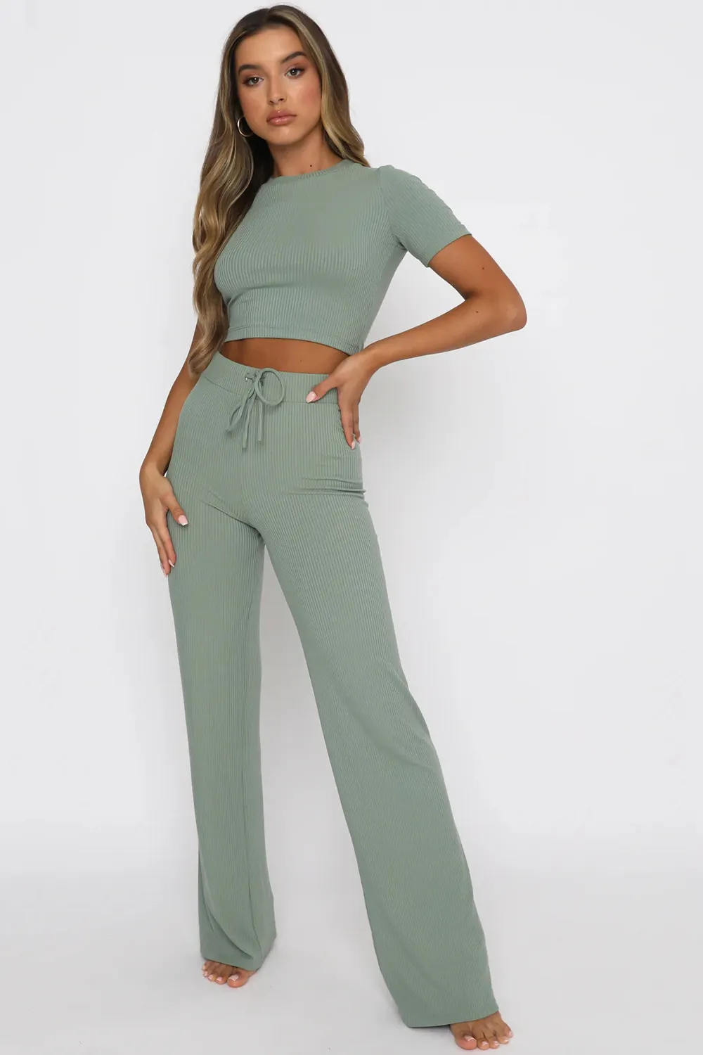 Round Neck Short Sleeve Top and Pants Set, image 2