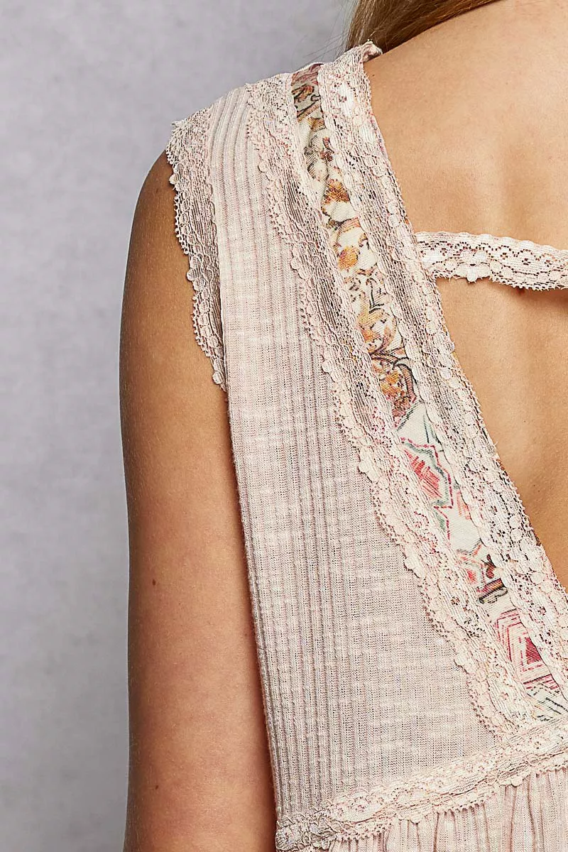Lace Detail Ruffled Ribbed Sleeveless Top with Floral Pattern Trim Detail, image 2