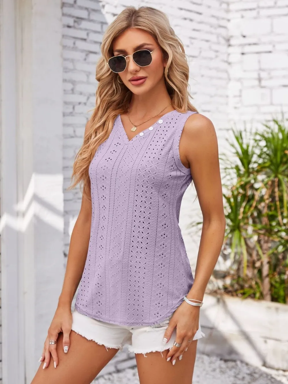 Eyelet Decorative Button V-Neck Tank, image 30