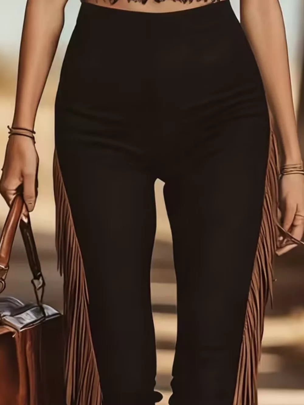 Fringe Trim High Waist Pants, image 2