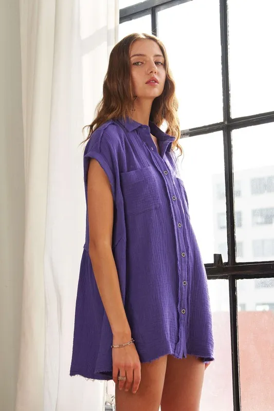 Raw Hem Collared Neck Button Down Shirt, image 2