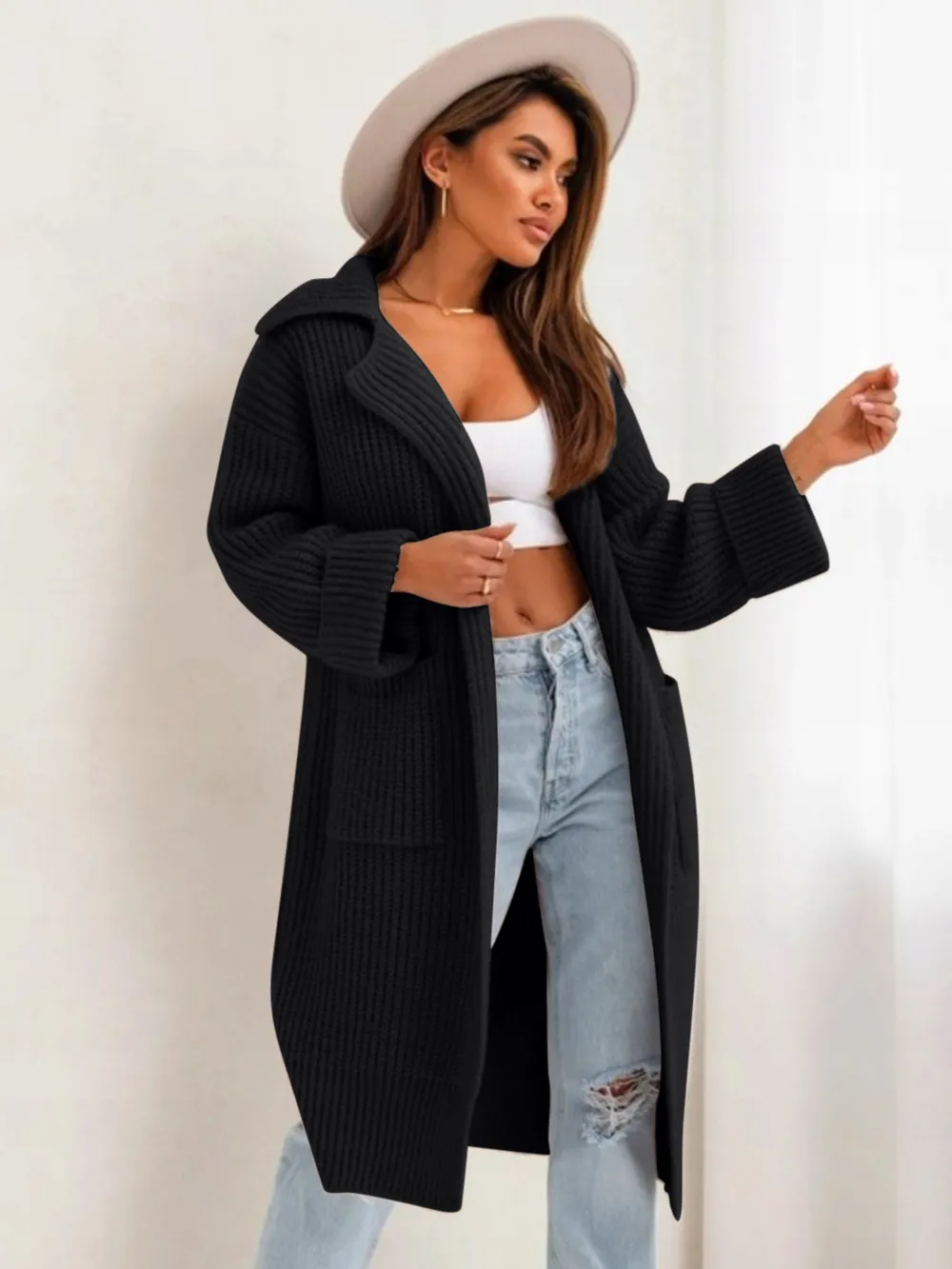 Pocketed Collared Neck Dropped Shoulder Cardigan, image 10