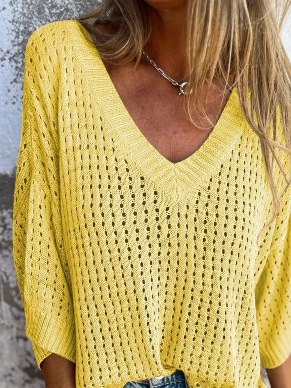 Full Size Openwork V-Neck Knit Cover Up Plus Size, image 3