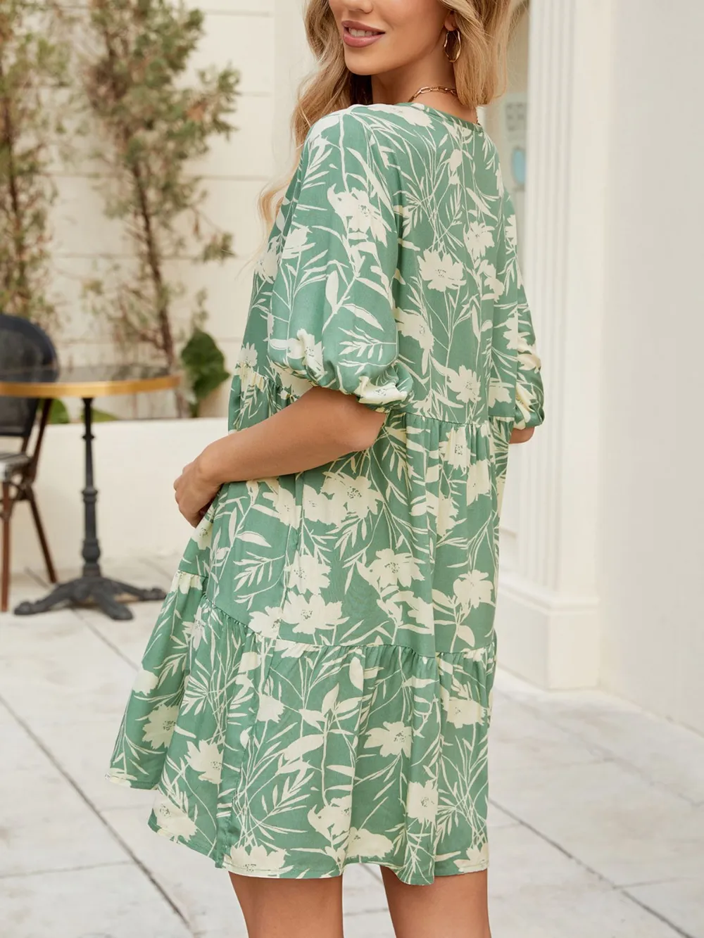 Printed V-Neck Ruffle Hem Mini Dress, image 3