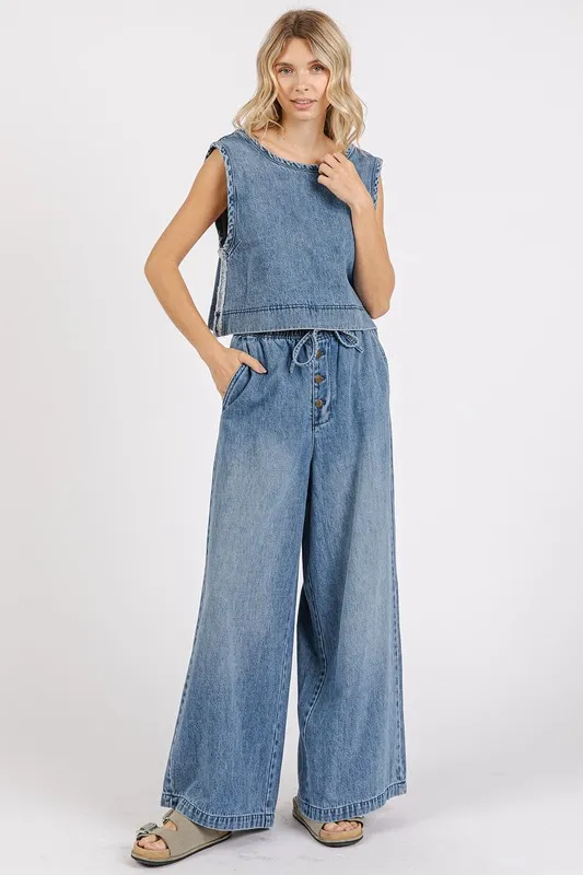 Washed Denim Distressed Detail Crop Tank, image 2