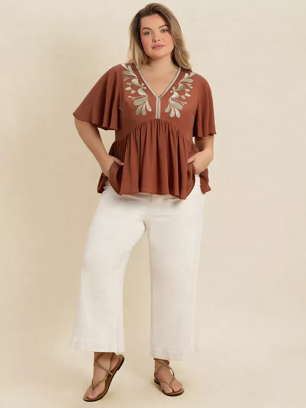 Plus Size Embroidered V-Neck Flutter Sleeve Blouse, image 4