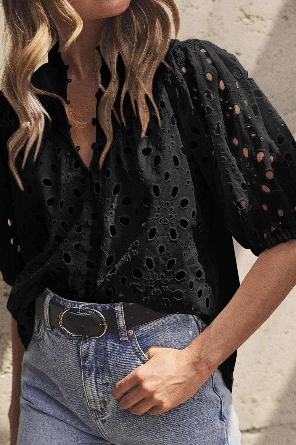 Eyelet Button Up Half Sleeve Blouse, image 6