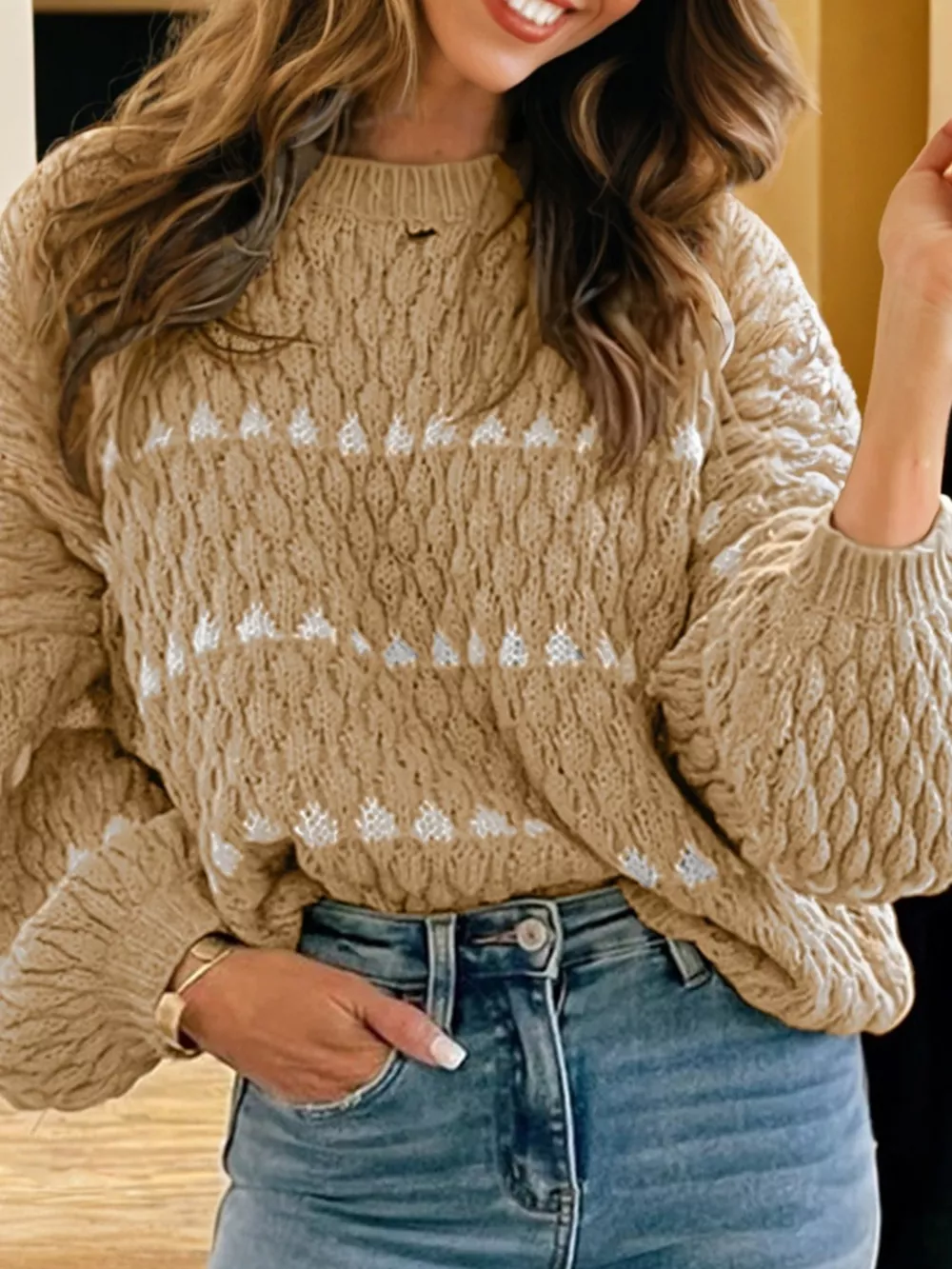 Contrast Detail Textured Knit Puff Sleeve Baggy Sweater, image 2