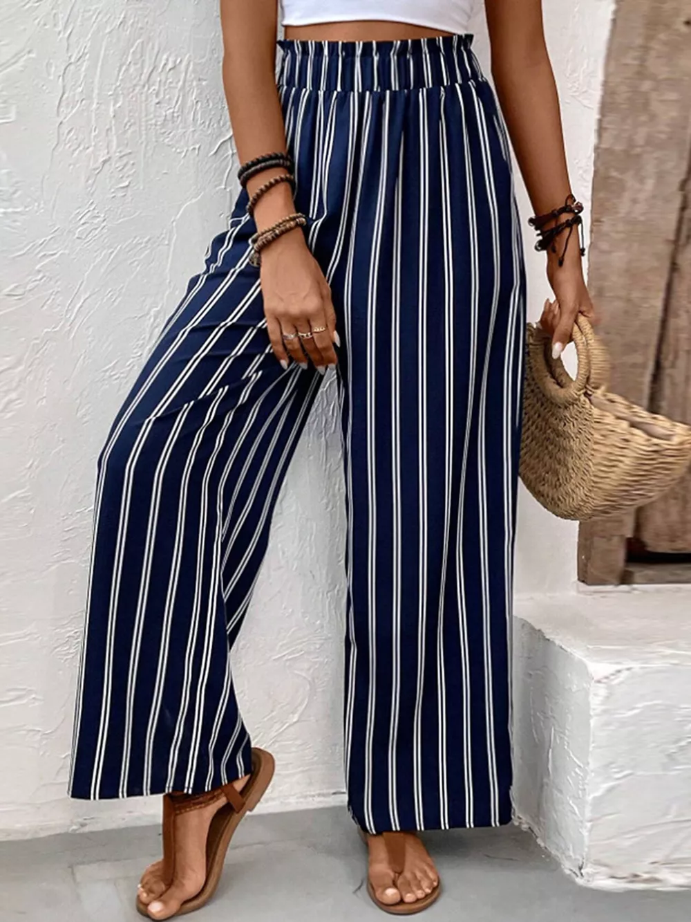 Striped Wide-Leg Pants with Elastic Waistband, image 2