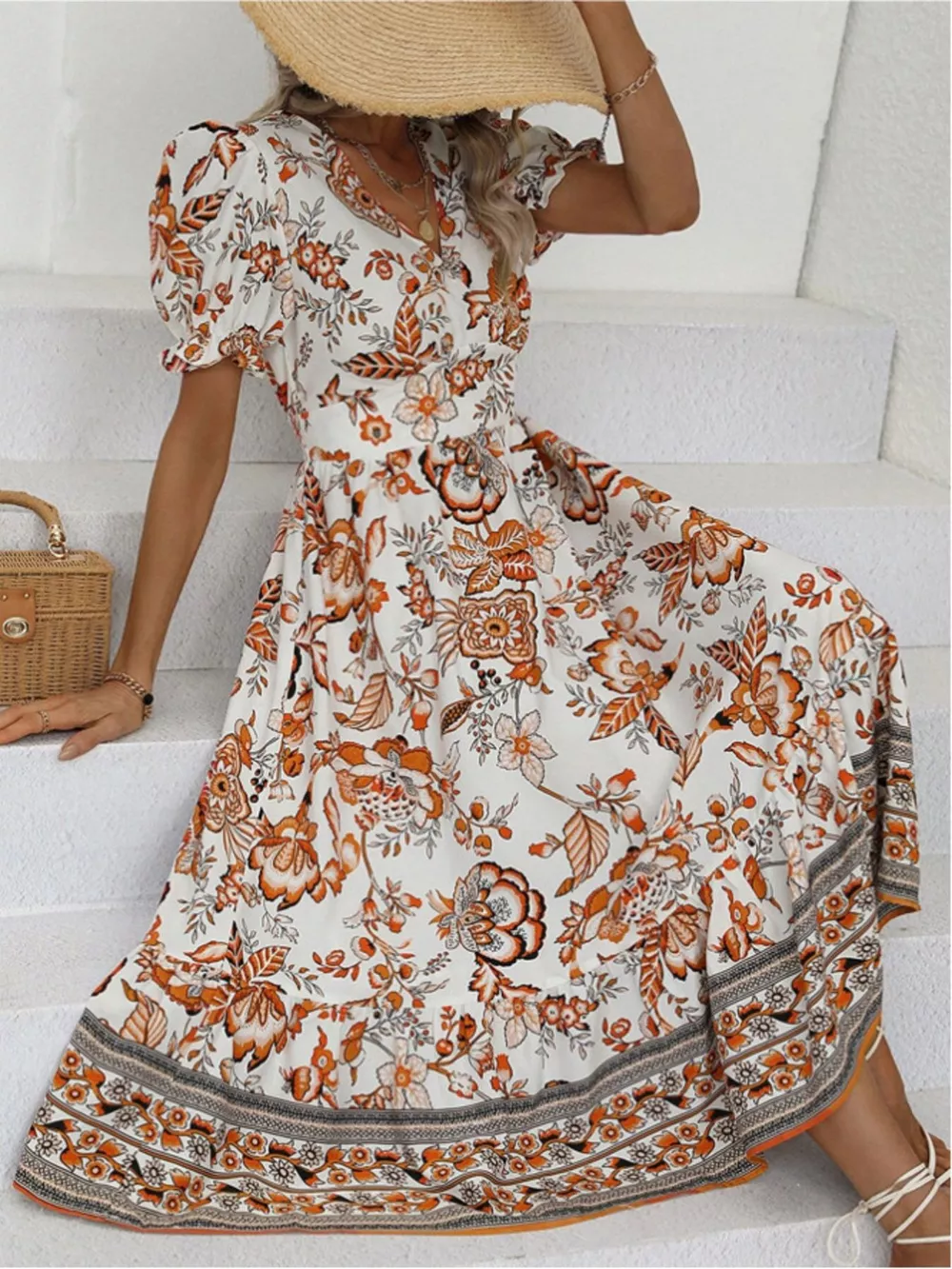 Floral Print Puff Sleeve Wrap Midi Dress, image 23