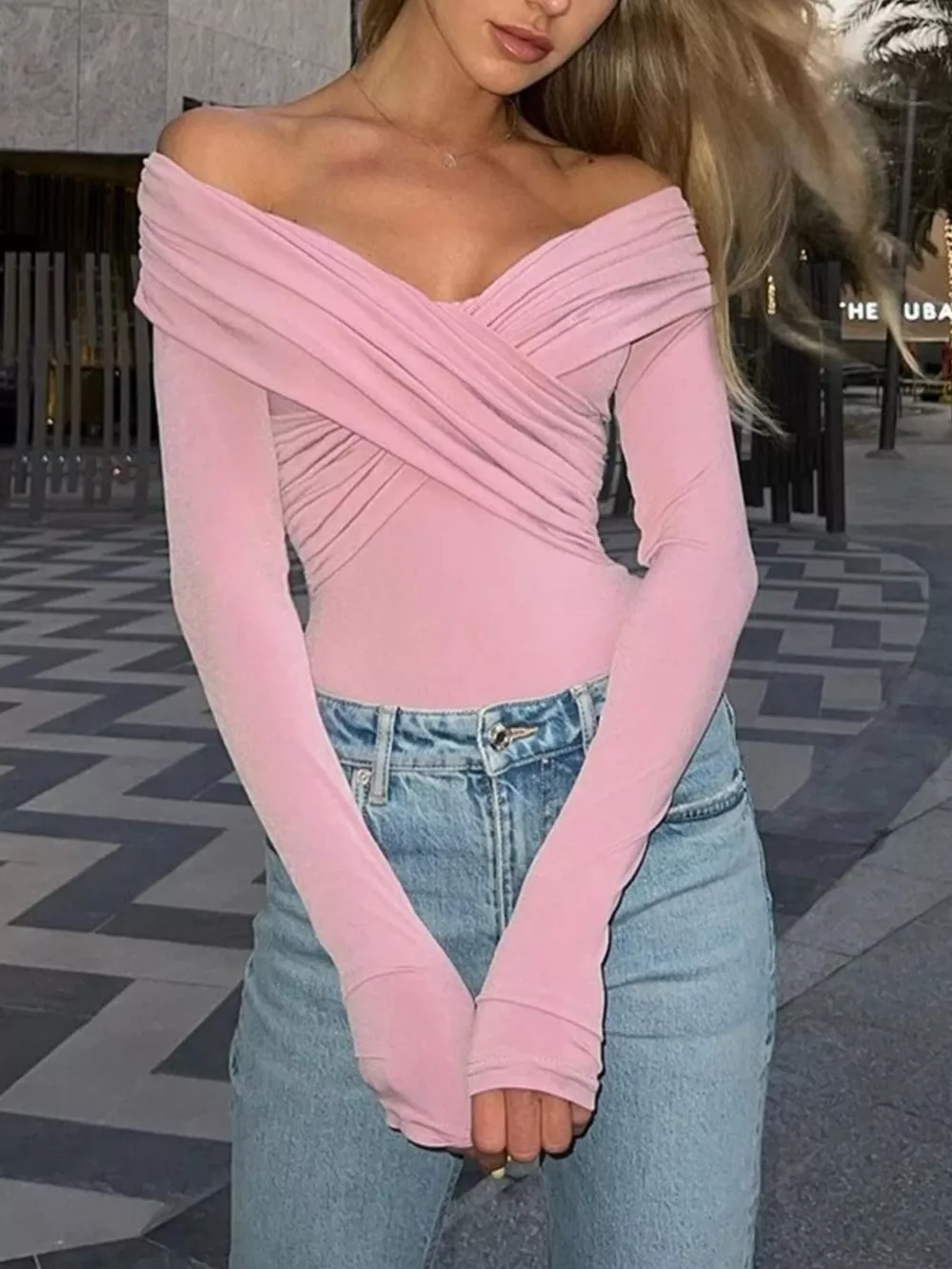 Off-Shoulder Ruched Long Sleeve Bodysuit, image 3