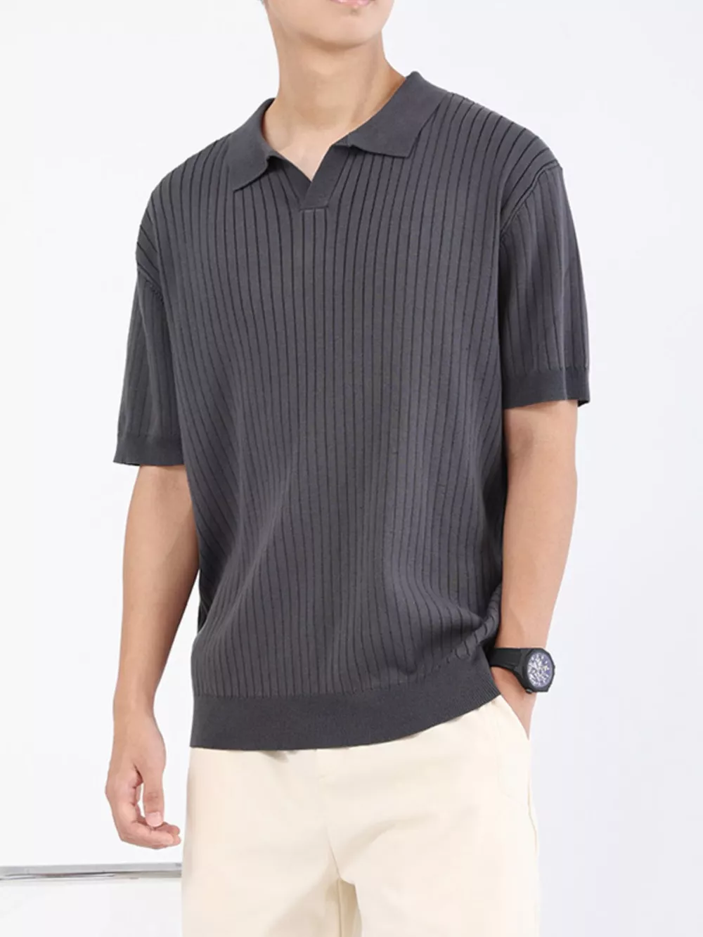 Men's Plus Size Ribbed Knit Short Sleeve Polo, image 8
