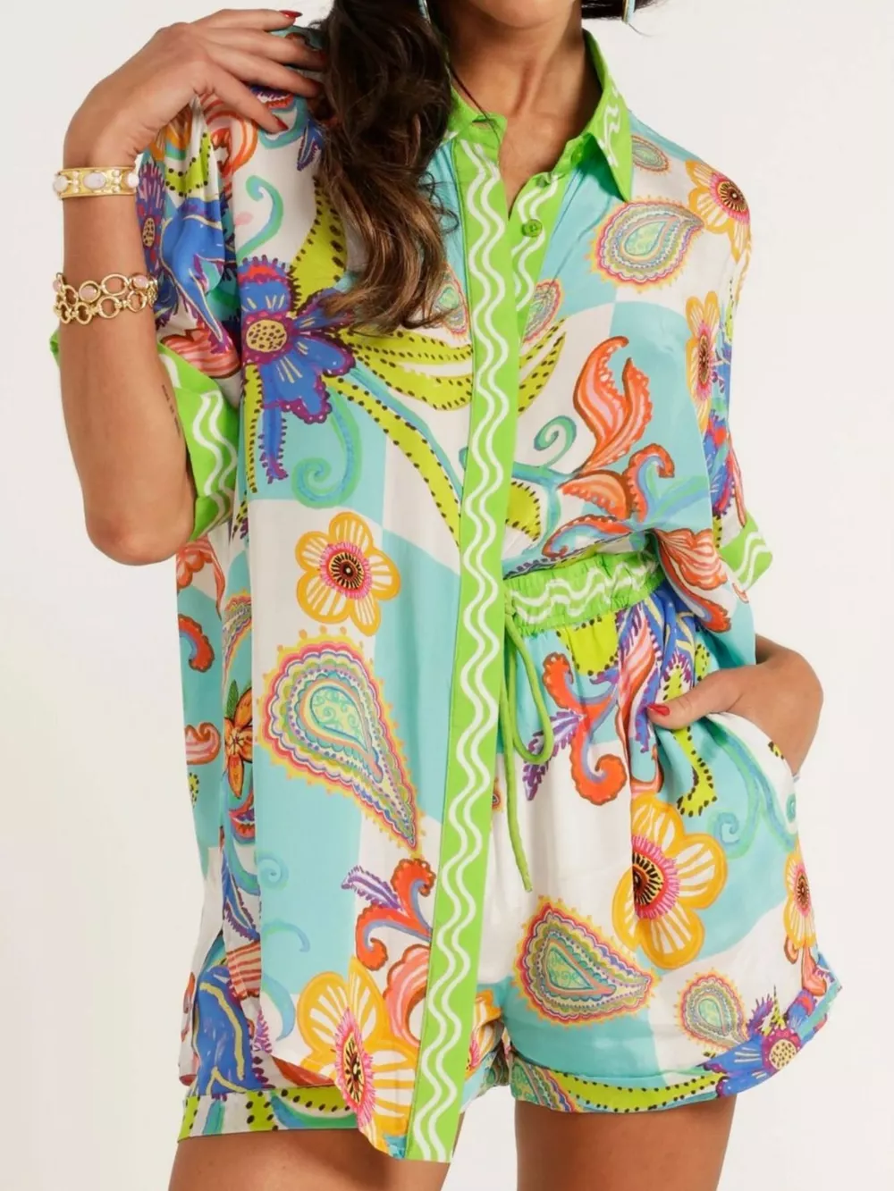 Printed Button-Down Shirt and Shorts Set, image 4