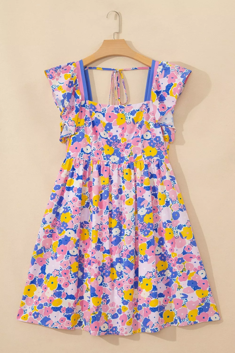 Floral Print Flutter Sleeve Striped Trim Square Neck Loose Mini Dress, image 5
