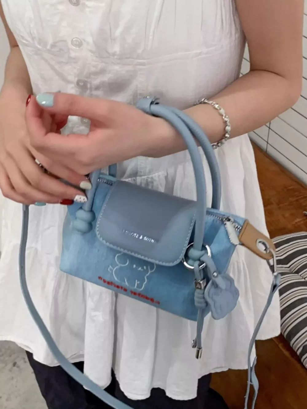 Puppy Embroidered Denim Handbag, image 4