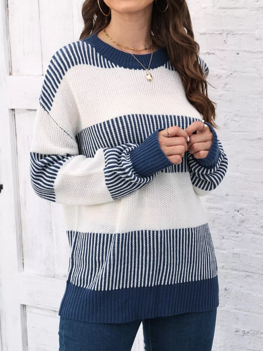 Full Size Color Block Dropped Shoulder Sweater Plus Size, image 3