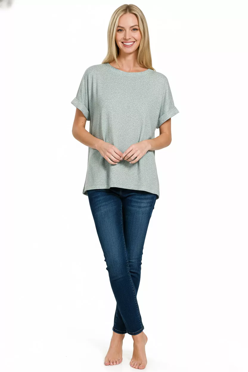 Soft Melange Hacci Short Sleeve Round Neck Top, image 2