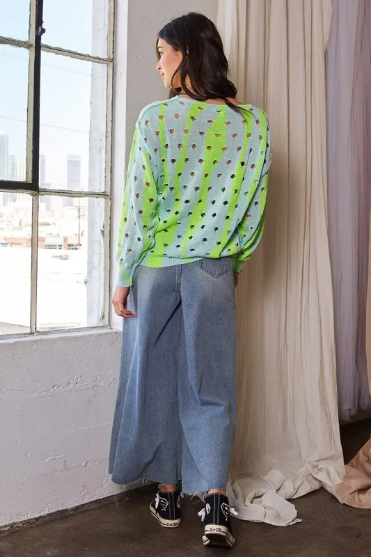 Two-Tone Ribbed Hem Openwork Knit Top, image 6