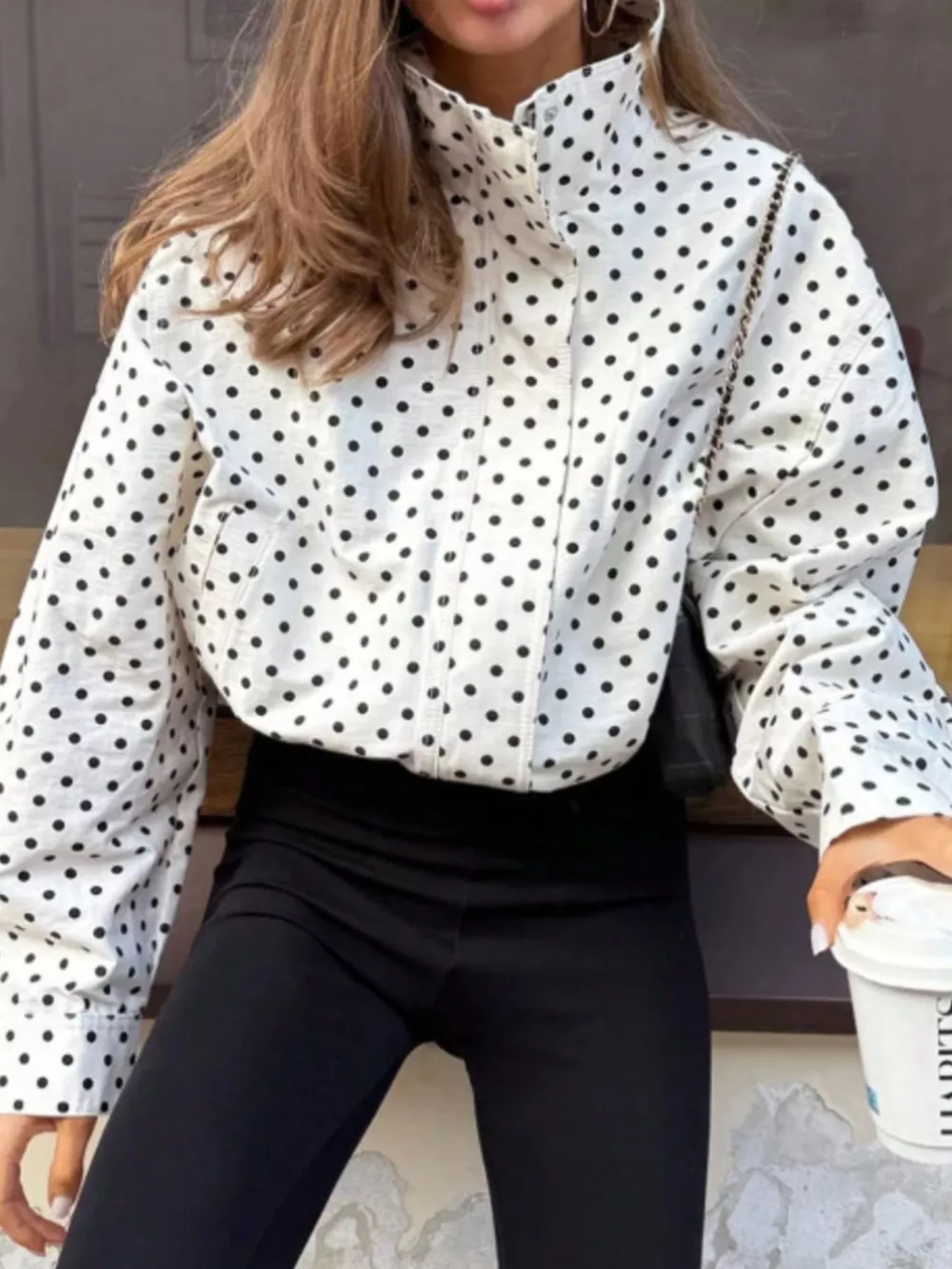 Polka Dot Zip Up Casual Jacket