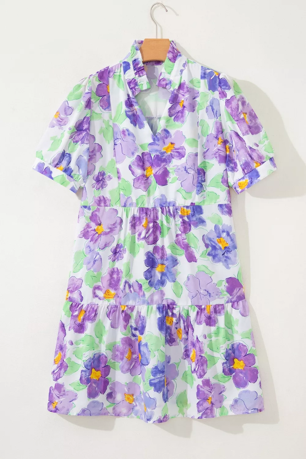 Floral V Collar Short Sleeve Tiered Ruffle Mini Dress, image 5