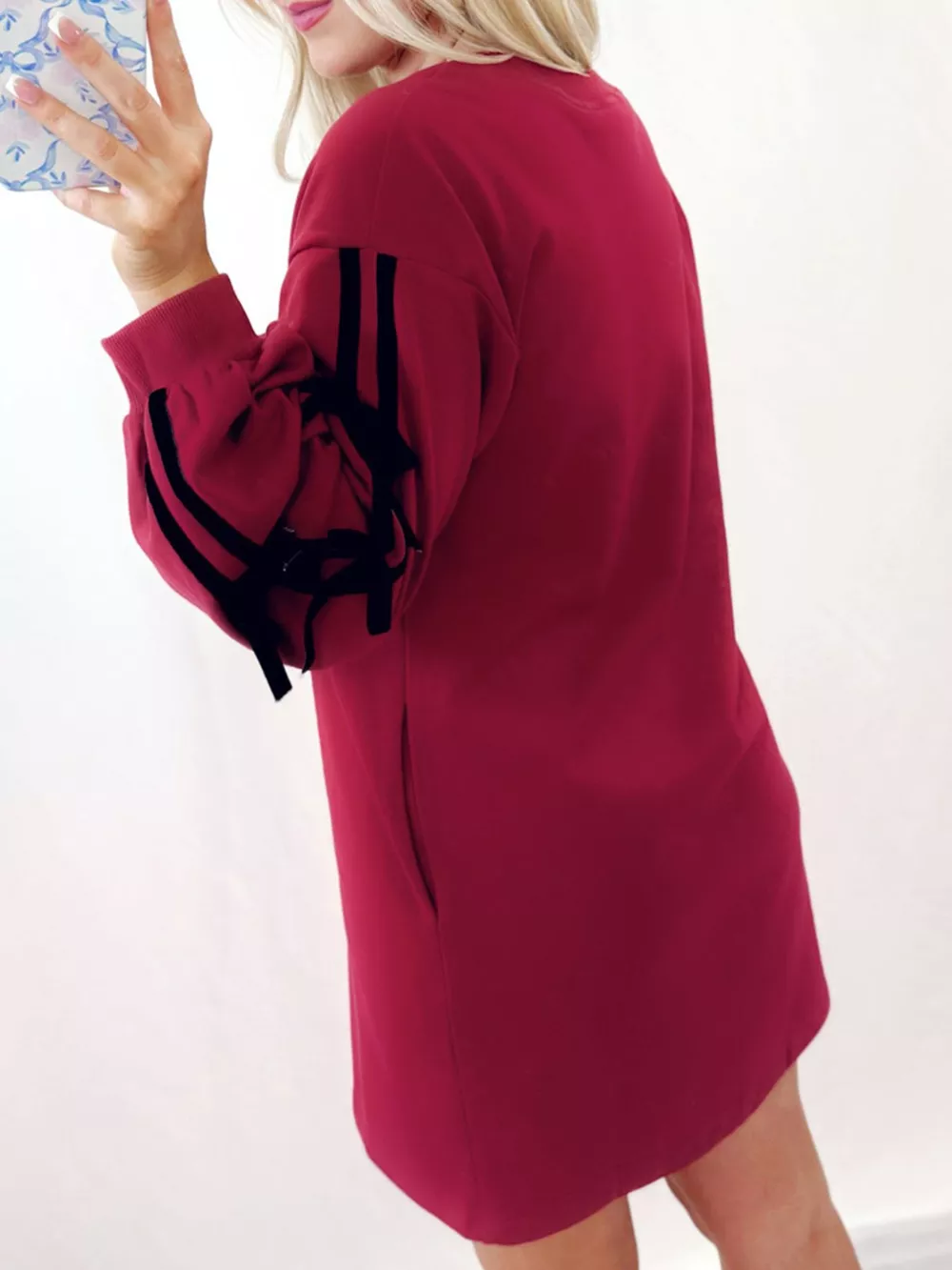 Contrast Striped Bow Detail Drop Shoulder Sweatshirt Dress with Pockets, image 2