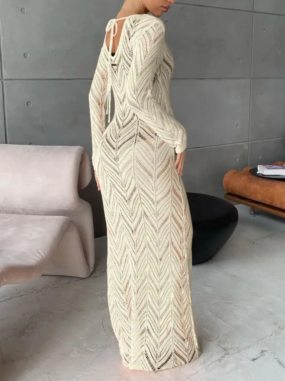 Openwork Long Sleeve Knit Cover Up Dress, image 22
