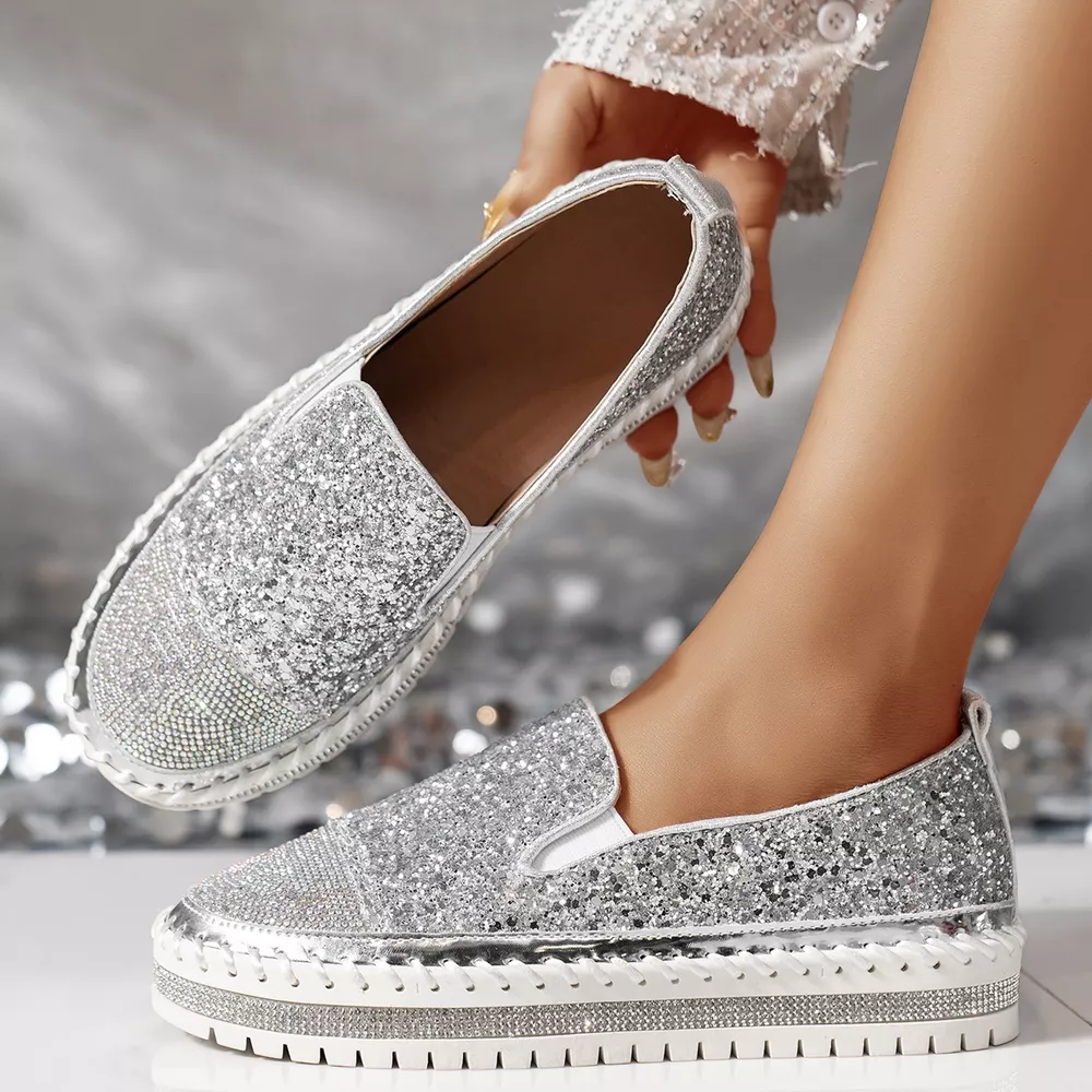 Rhinestone Sequin Round Toe Platform Loafers, image 2