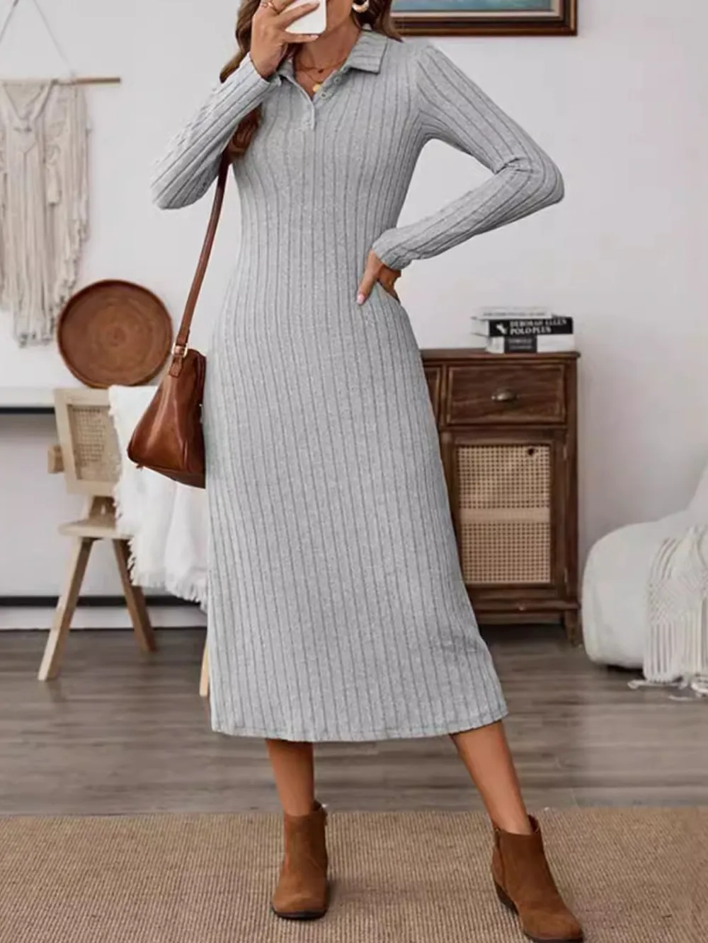 Collared Neck Long Sleeve Midi Dress, image 2
