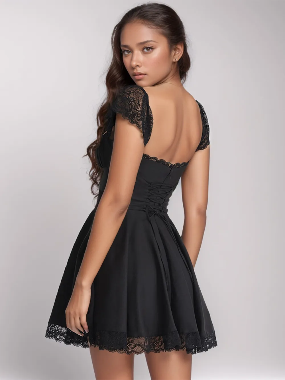 Lace Detail Square Neck Cap Sleeve Mini Dress, image 3