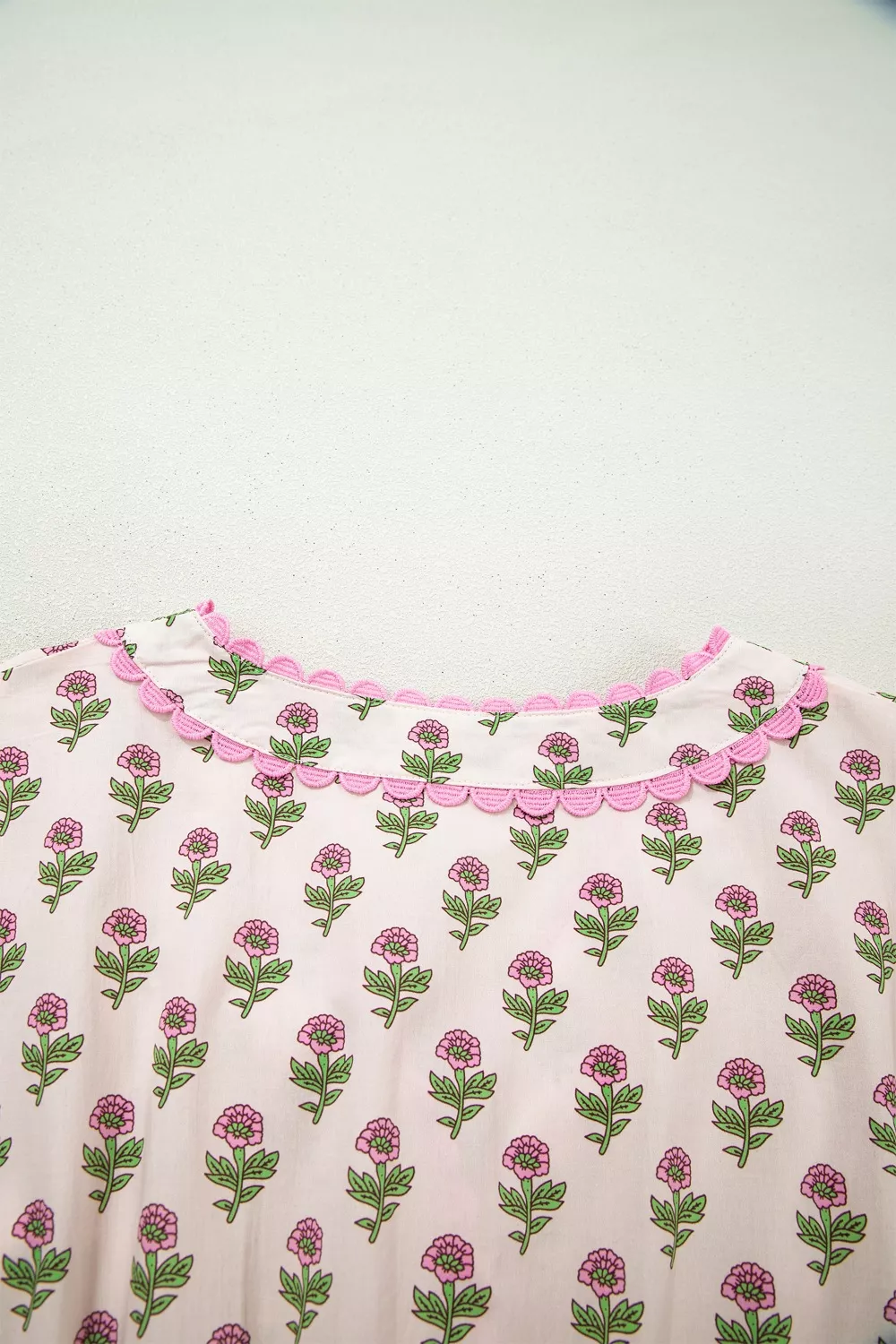 Floral Print V Neck Scallop Trim Button Front Short Sleeve Dress, image 7