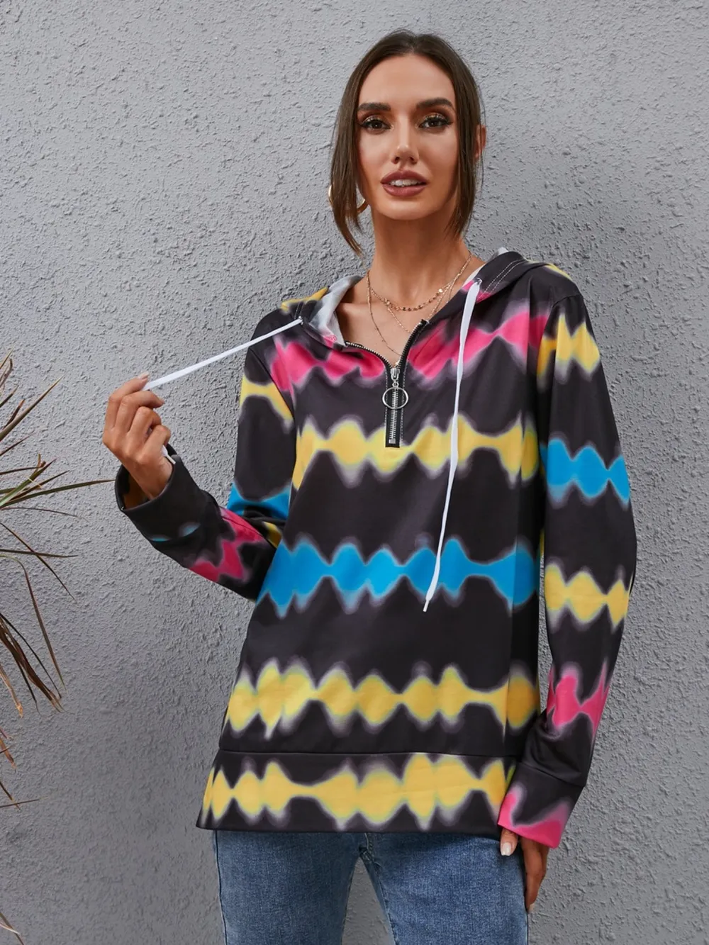 Contrast Quarter Zip Dropped Shoulder Hoodie, image 4