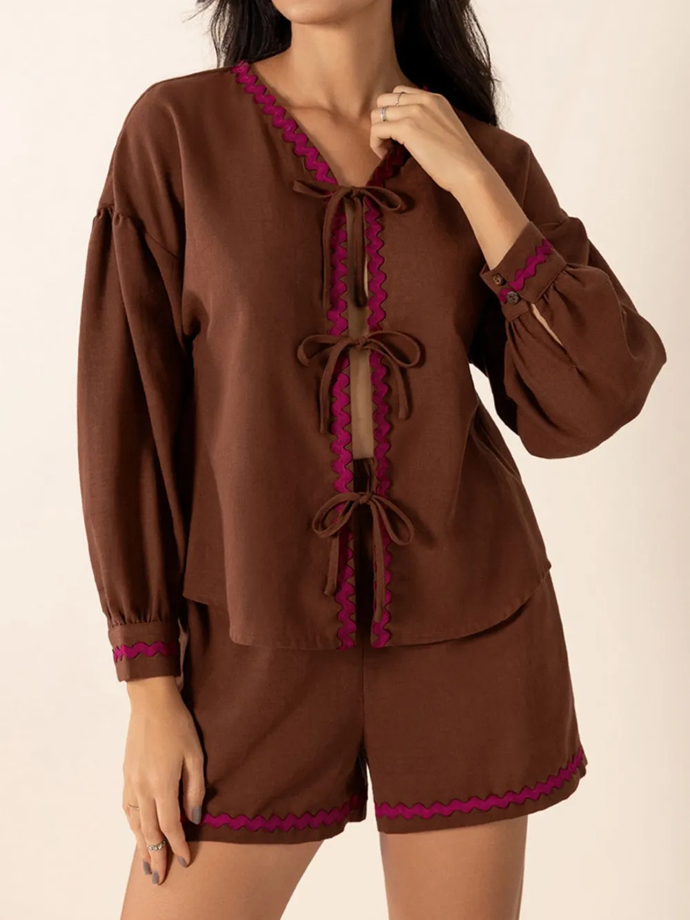 Tied V-Neck Long Sleeve Top and Shorts Set, image 7
