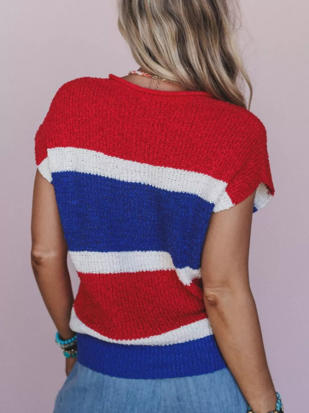 Striped Notched Short Sleeve Sweater, image 3