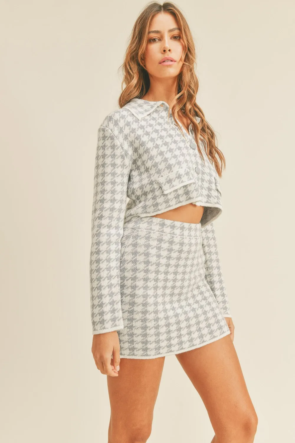 Houndstooth Cropped Knit Cardigan and Mini Skirt Set, image 2