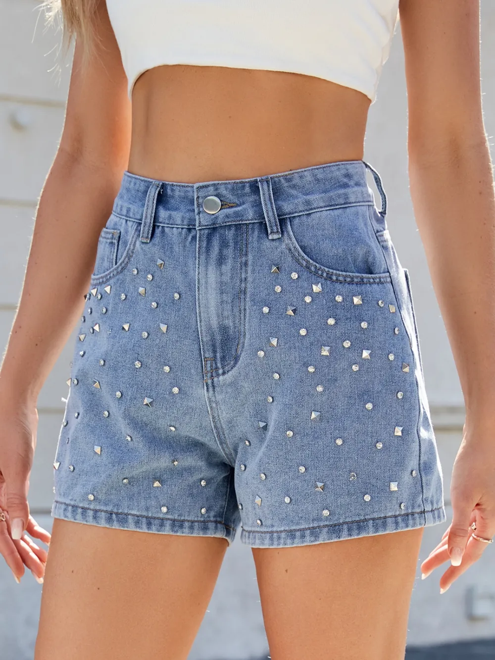 Rhinestone Washed High Waist Denim Shorts, image 2