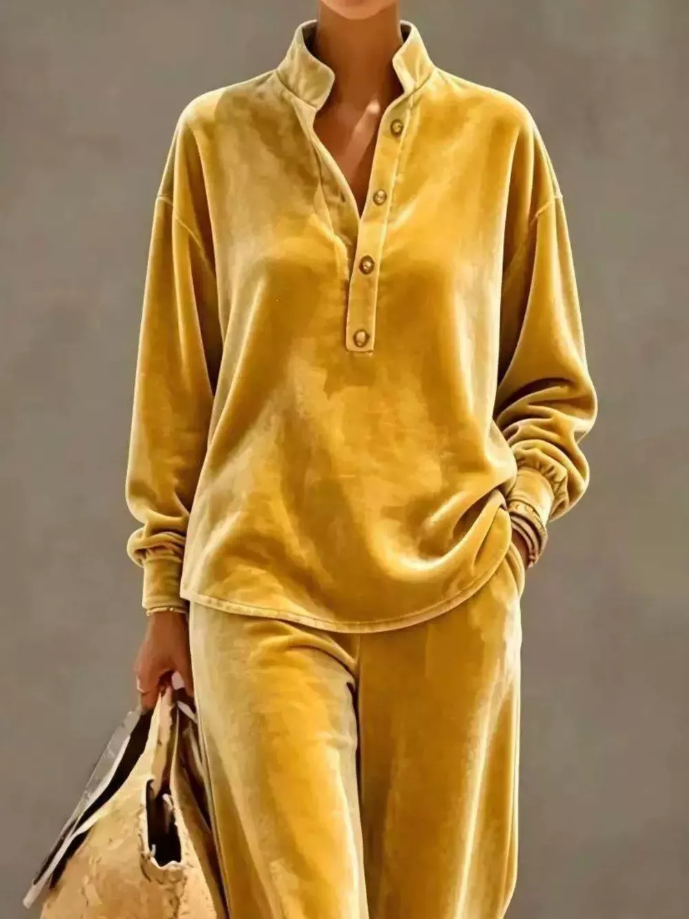 Full Size Half Button Top and Wide Leg Pants Set Plus Size, image 6