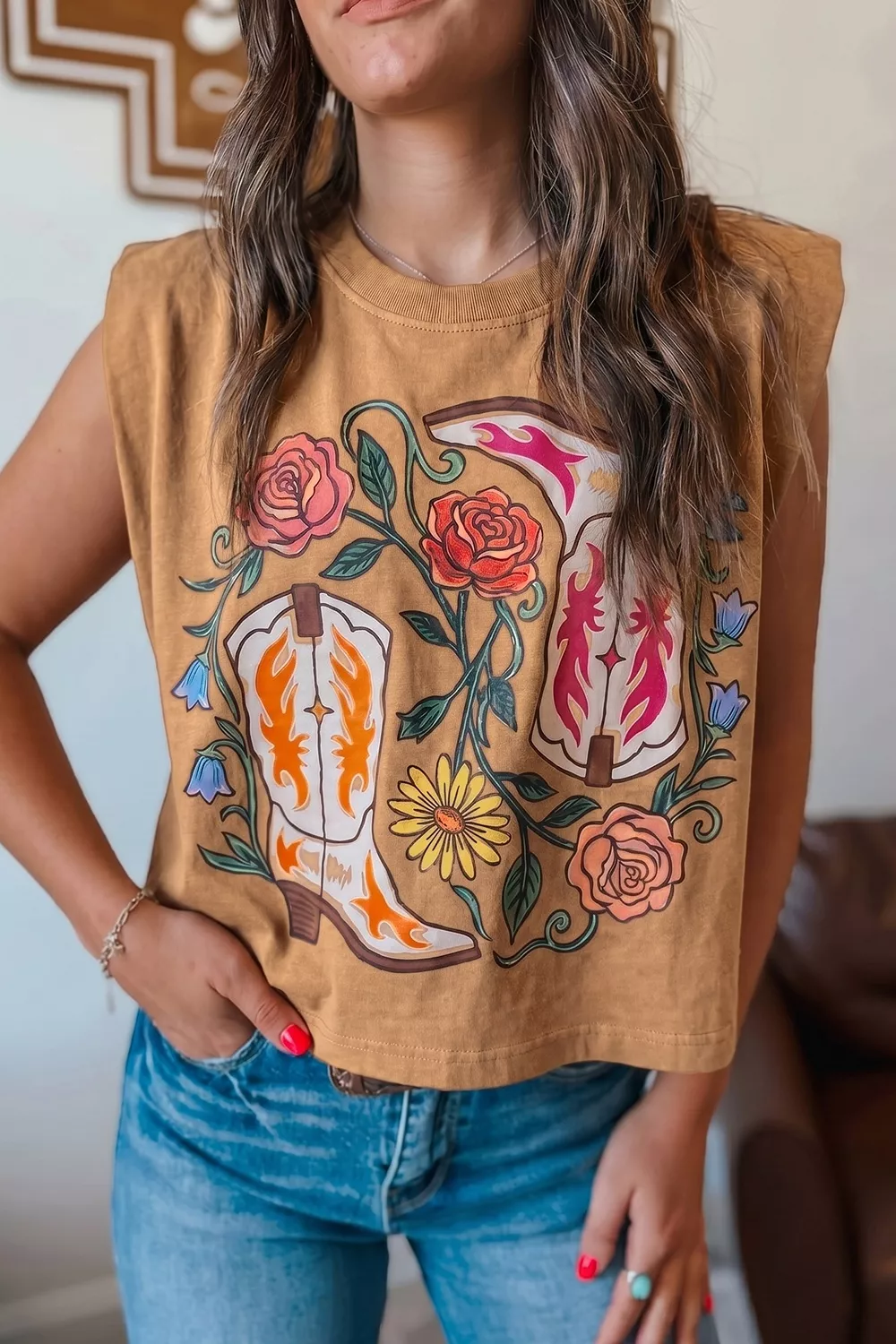 Western Boots Flower Printed Sleeveless Loose Tank Top, image 2