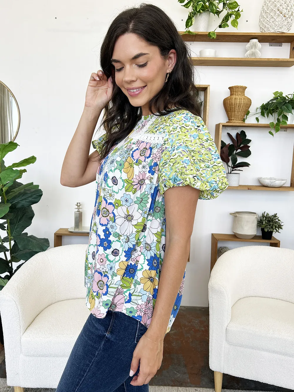 Printed Round Neck Puff Sleeve Blouse, image 5