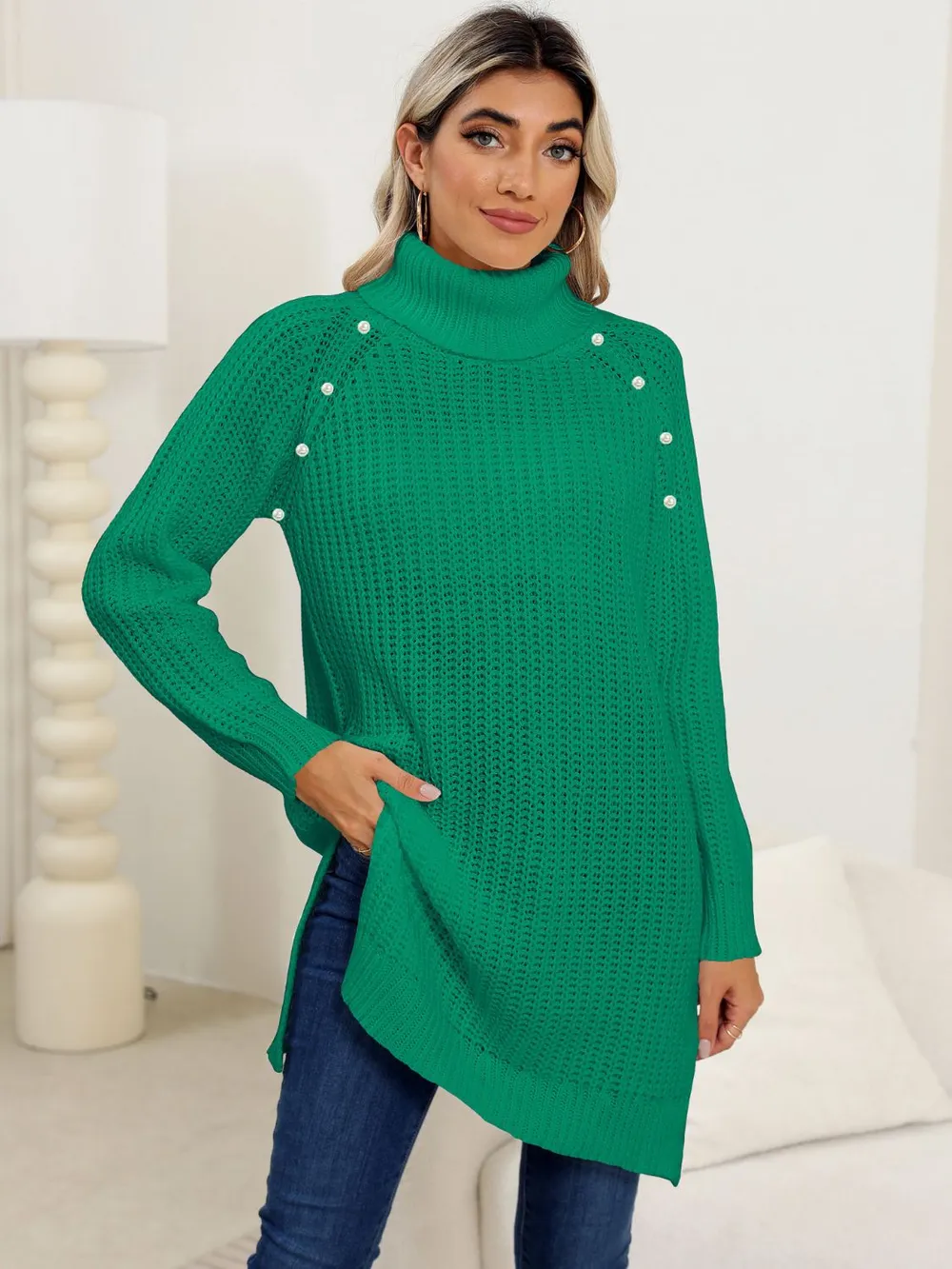 Slit Turtleneck Long Sleeve Sweater, image 11