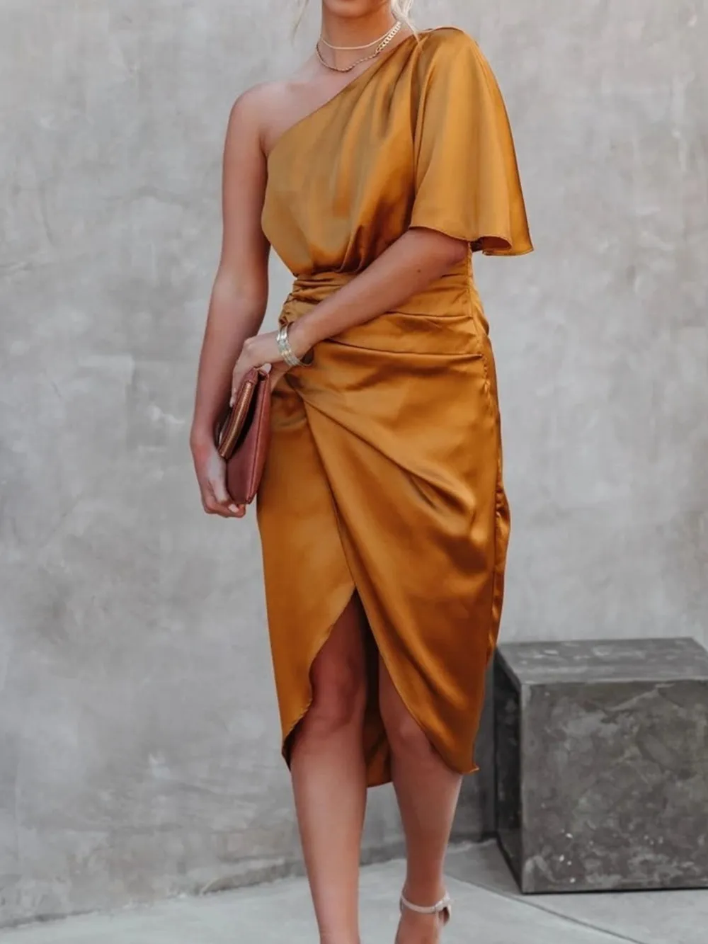 One-Shoulder Satin Wrap Dress with Side Slit, image 4
