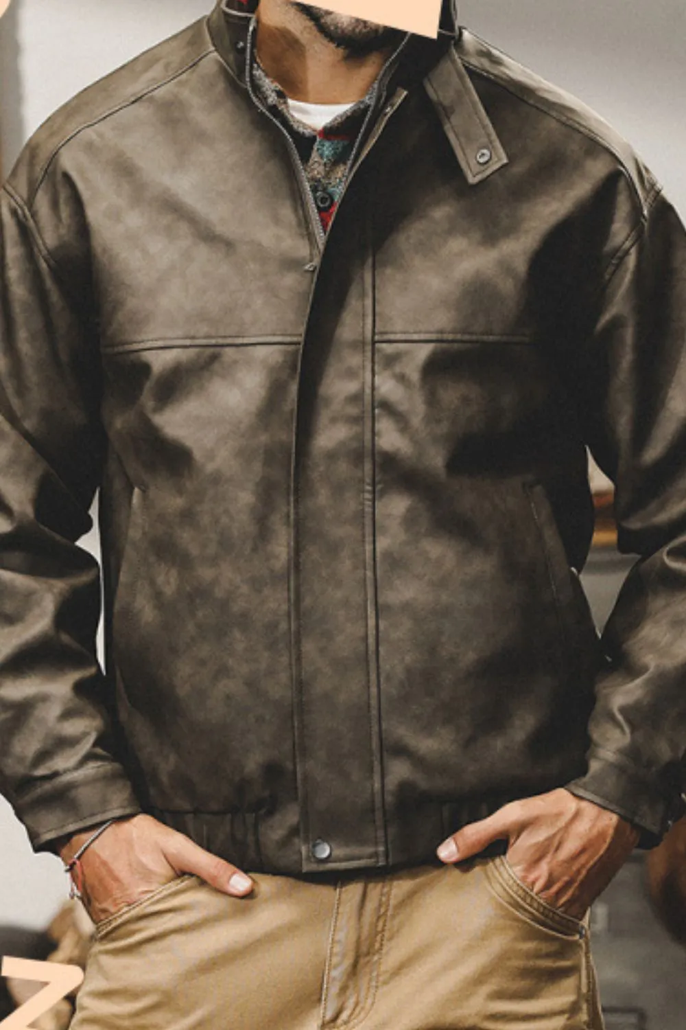 Men's Plus Size Zip Up Stand Collar Biker Jacket, image 7