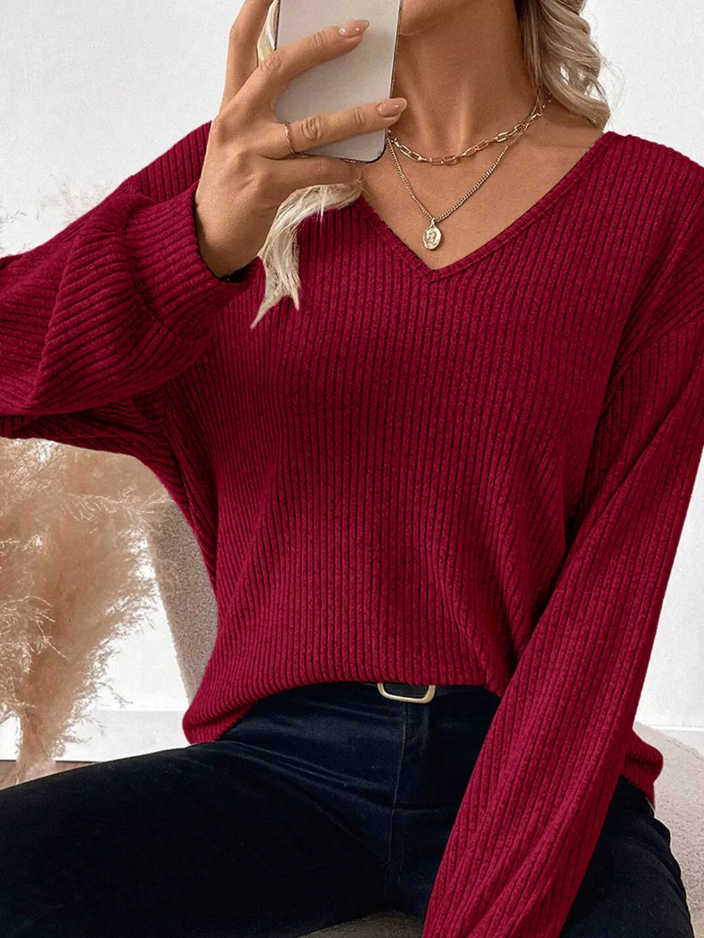 Ribbed V Neck Contrast Ribbon Bow Back Drop Shoulder Long Sleeve Top, image 2