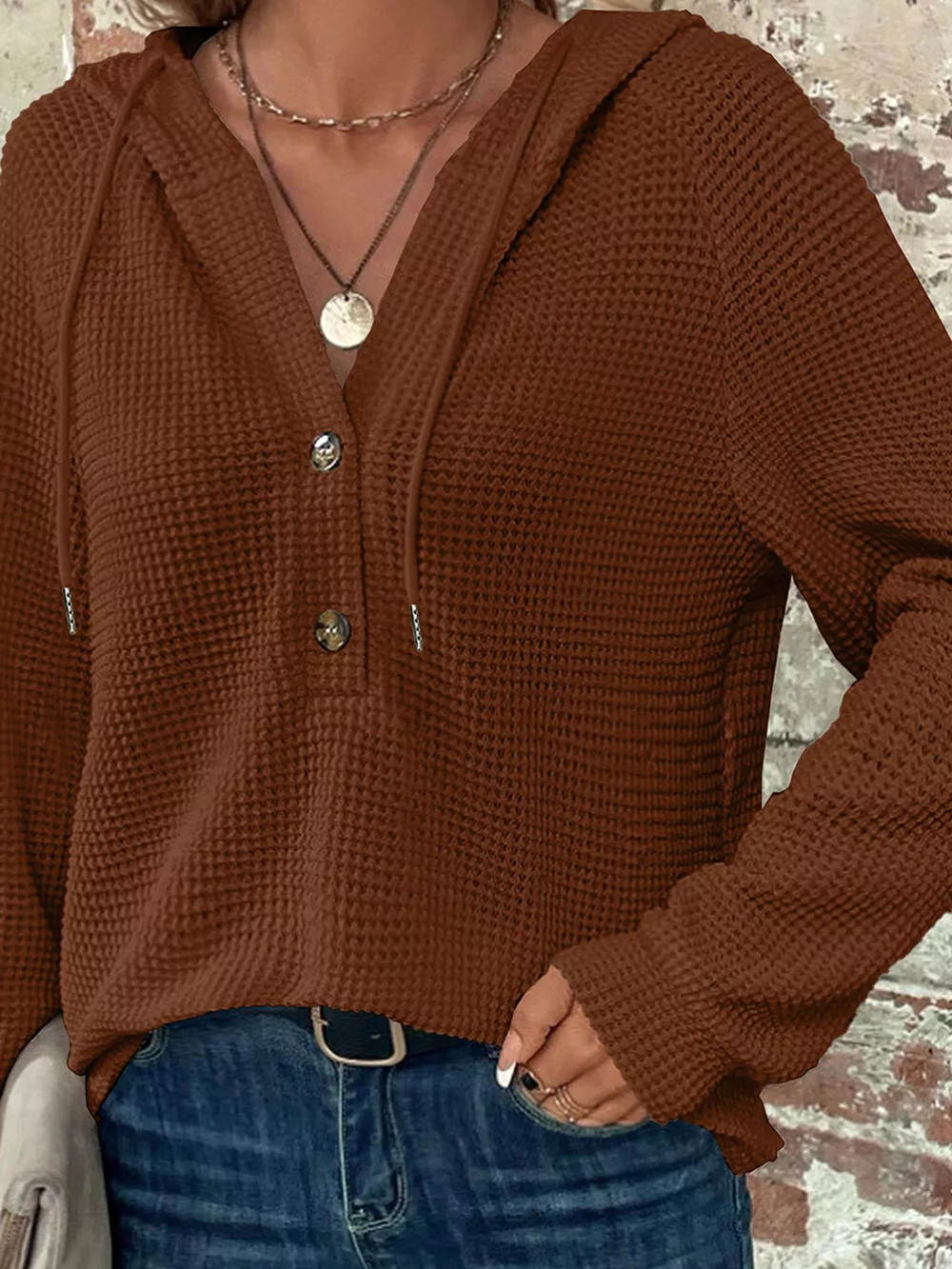 Waffle Knit Hooded Top with Drawstring, image 8