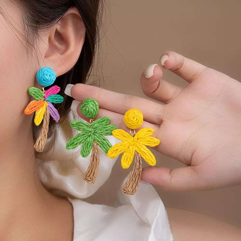 Colorful Woven Flower Drop Earrings, image 2